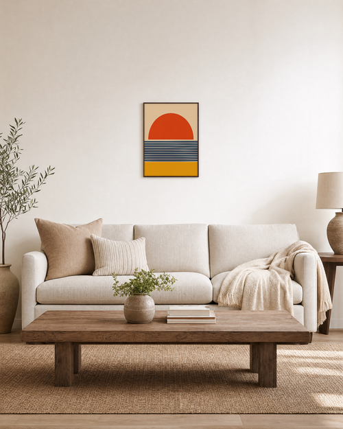 Banked Sun navy stripe sun wall art: unframed print is shown framed for styling in a living room; frame not included
