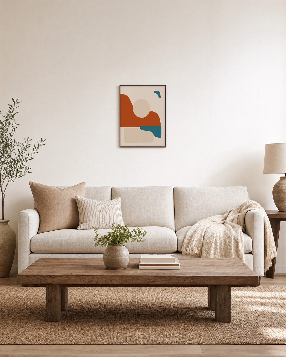 Terracotta Horizon with Teal Marks burnt orange mid century wall art: unframed print is shown framed for styling in a living room; frame not included