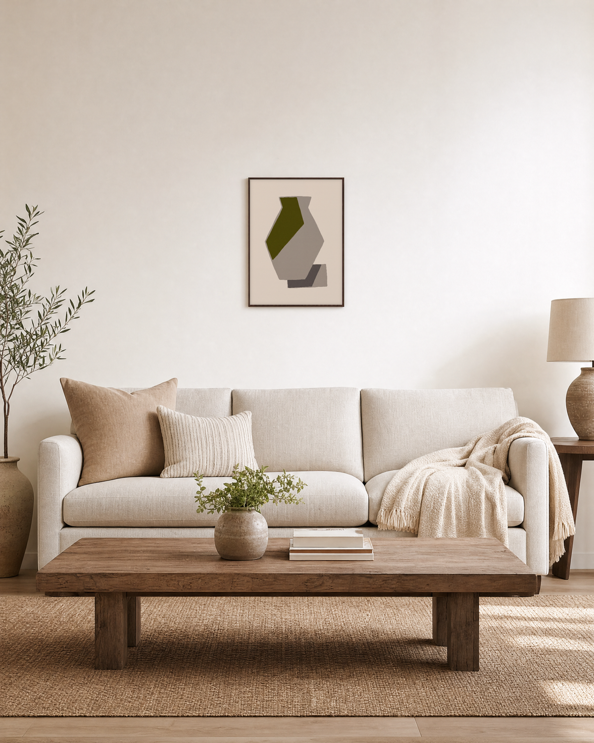 Olive Facet on Taupe Vessel olive green geometric wall art: unframed print is shown framed for styling in a living room; frame not included