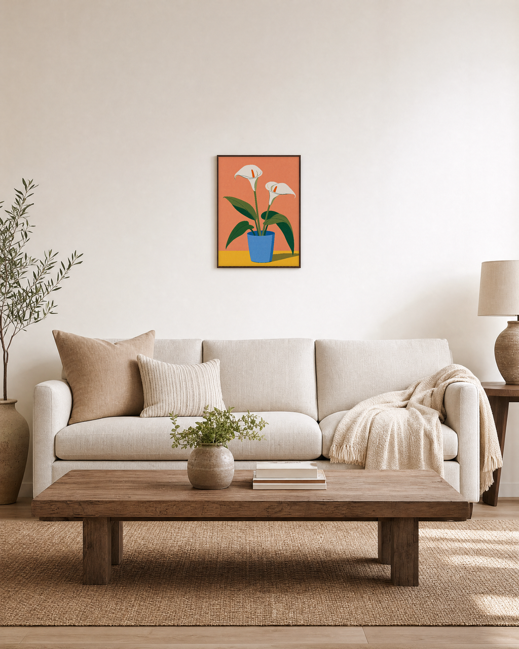 Calla Pair calla lily wall art: unframed print is shown framed for styling in a living room; frame not included