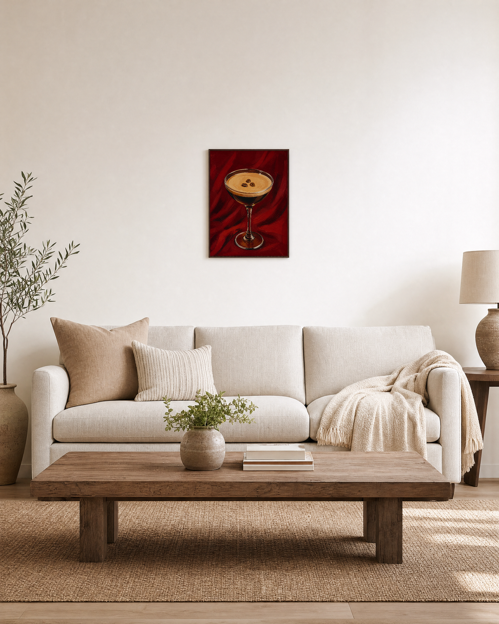 Late Nightcap coffee wall art: unframed print is shown framed for styling in a living room; frame not included