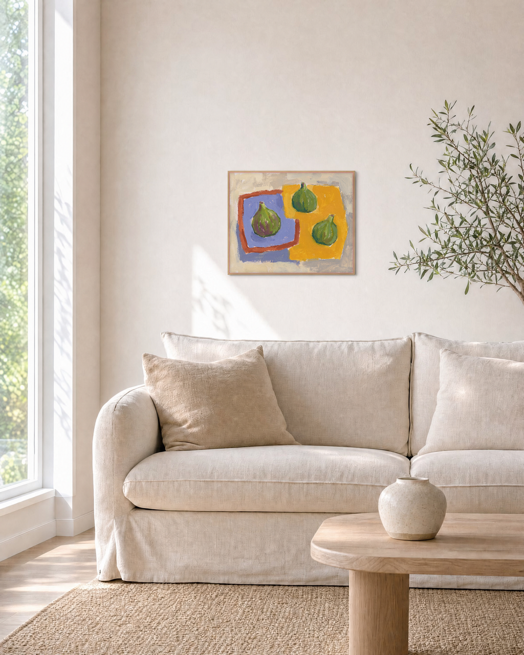 Sunday Figs fig wall art: unframed print is shown framed for styling in a living room; frame not included