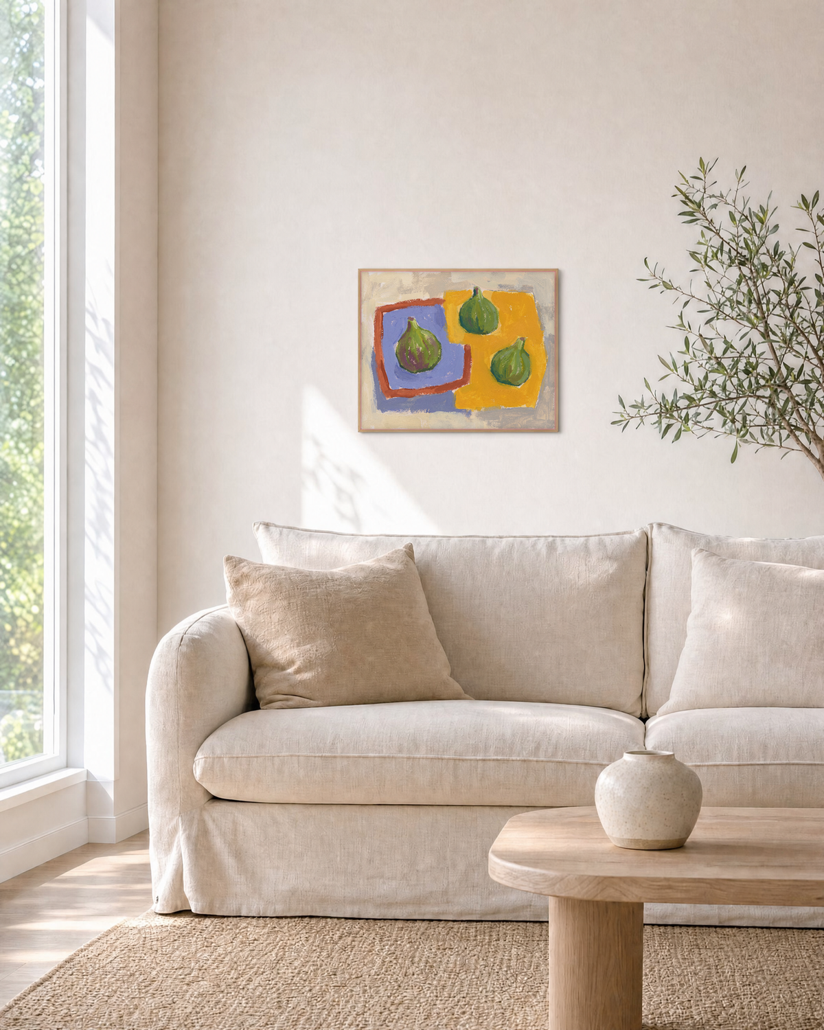 Sunday Figs fig wall art: unframed print is shown framed for styling in a living room; frame not included