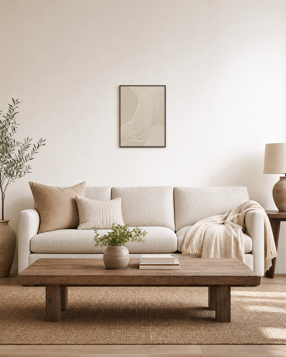 Off-White Circle Lines on Beige abstract circle lines wall art print: unframed print is shown framed for styling in a living room; frame not included