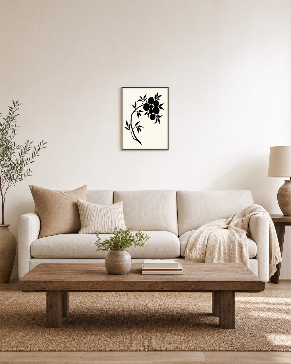Ink Branch Fruit unframed print is shown framed for styling in a living room; frame not included