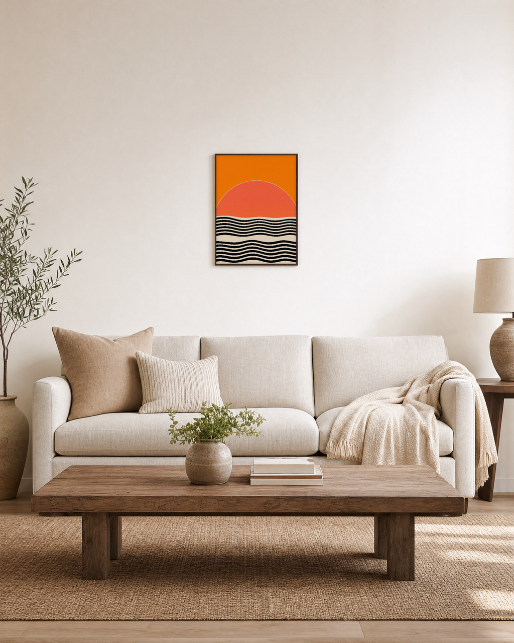 Low Sun orange sun ripple wall art: unframed print is shown framed for styling in a living room; frame not included