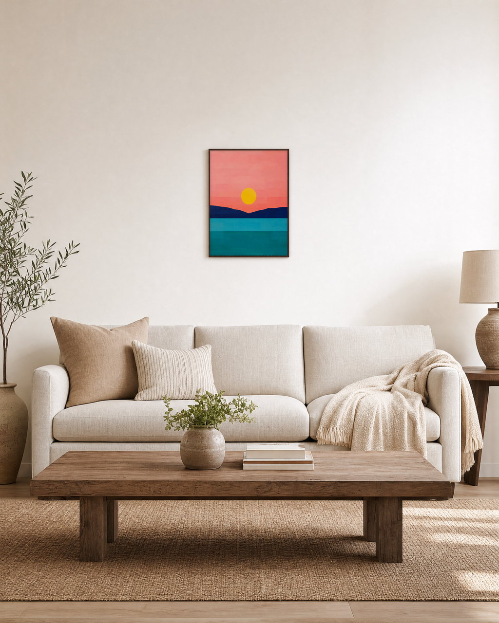 Evening Ridge landscape wall art: unframed print is shown framed for styling in a living room; frame not included