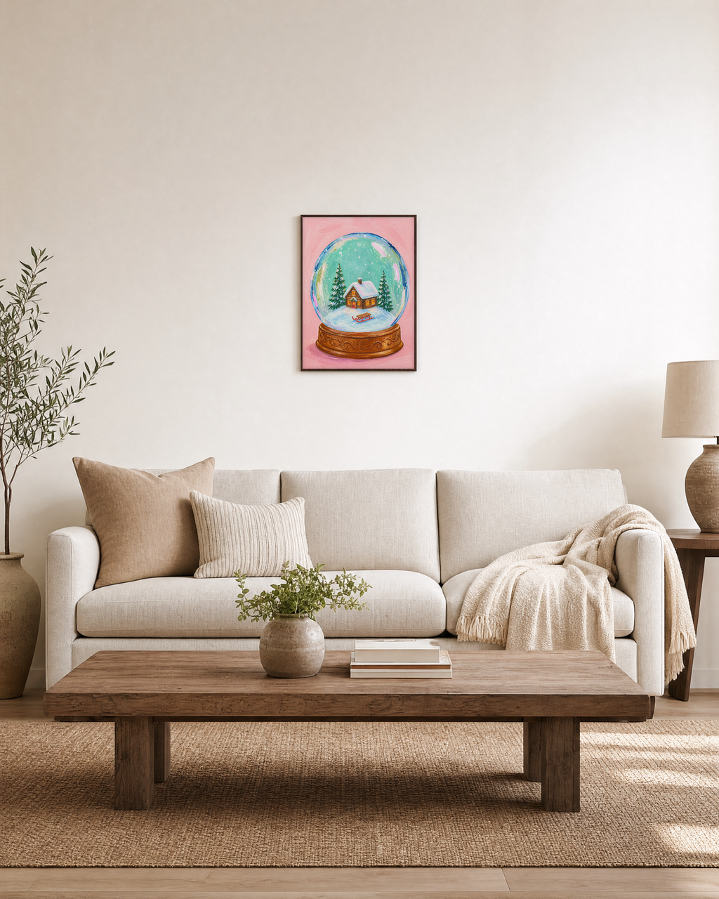 Sled Stop snow globe print: unframed print is shown framed for styling in a living room; frame not included