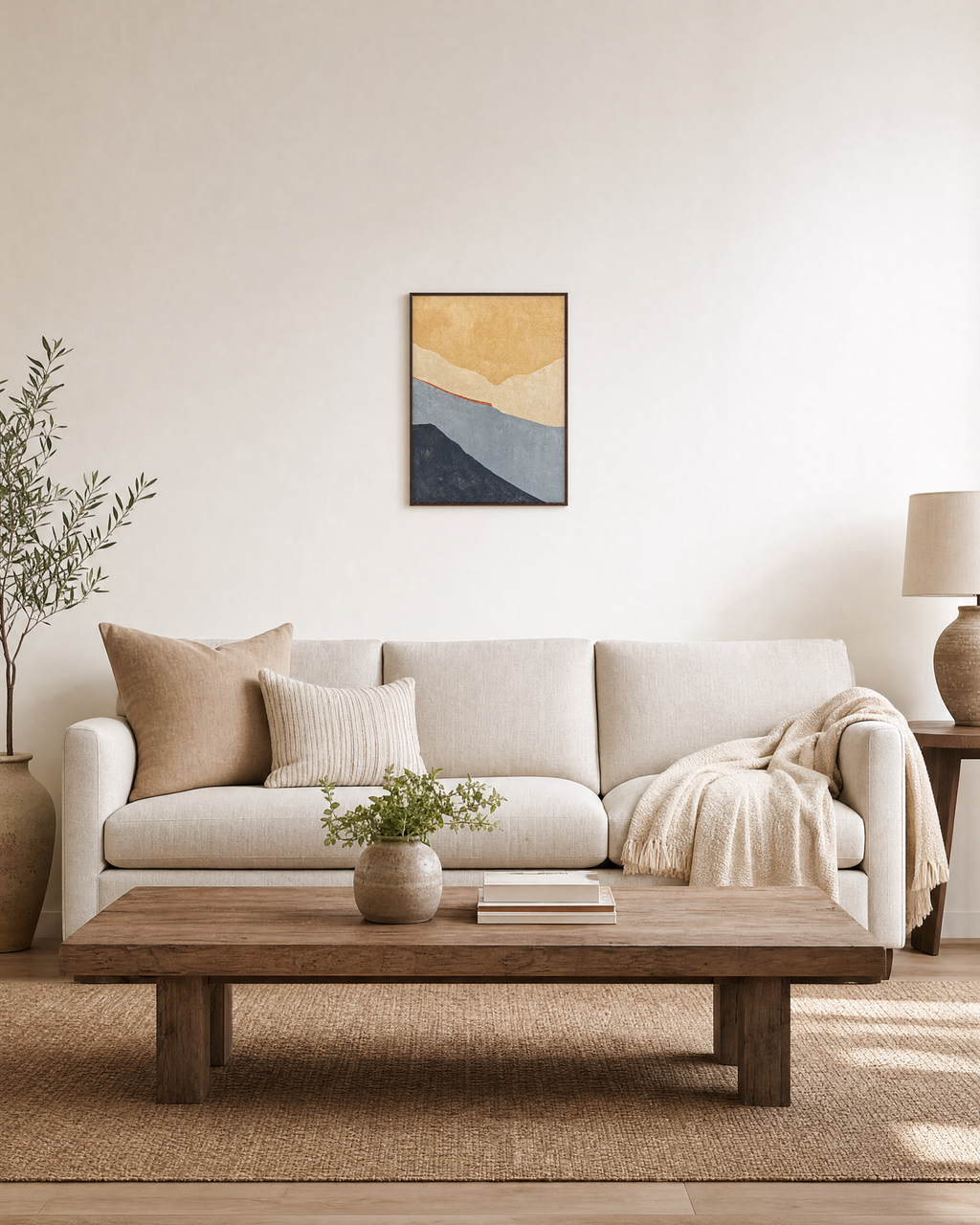 Layered Soft Planes unframed print is shown framed for styling in a living room; frame not included