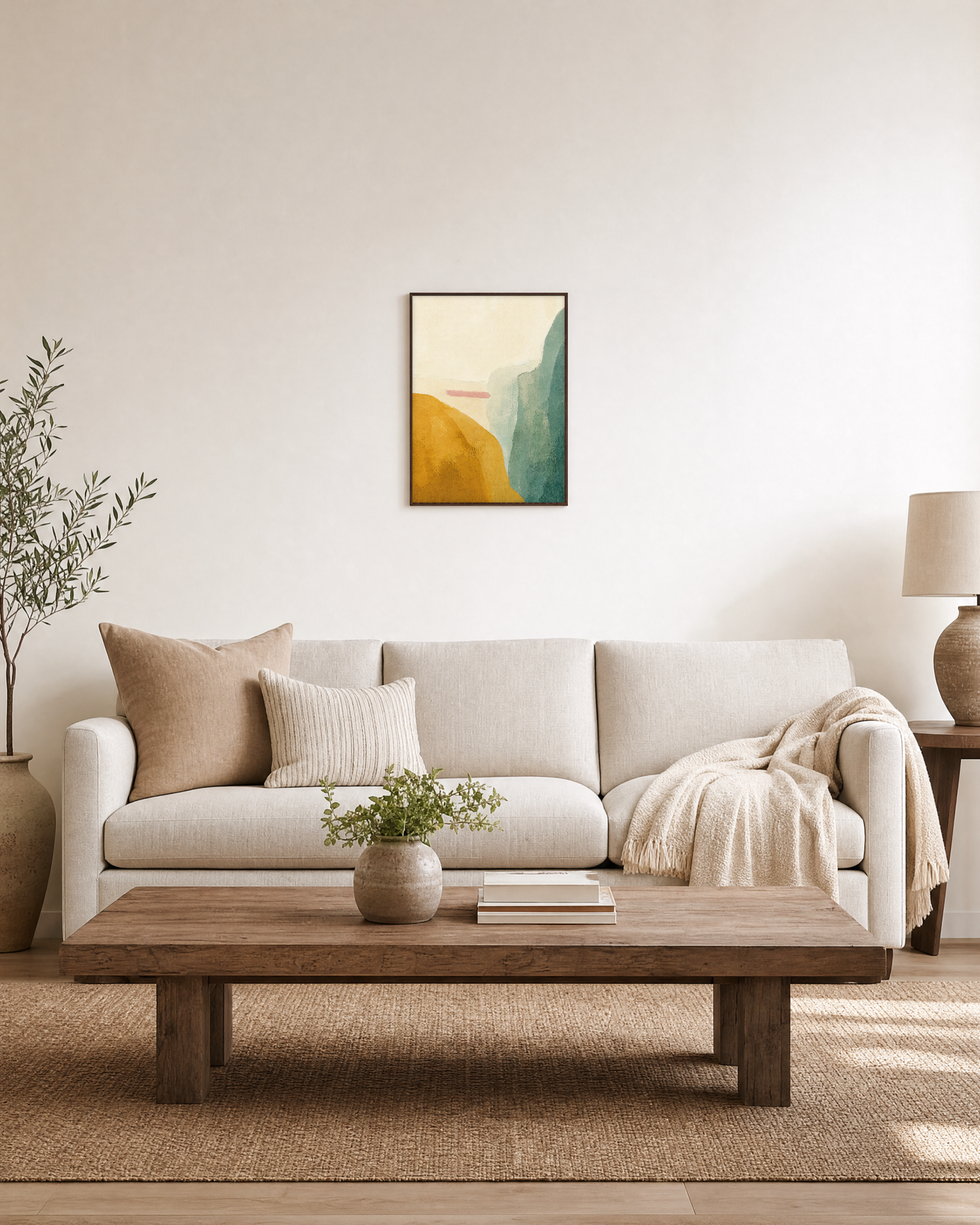 Mustard Hill Fields unframed print is shown framed for styling in a living room; frame not included