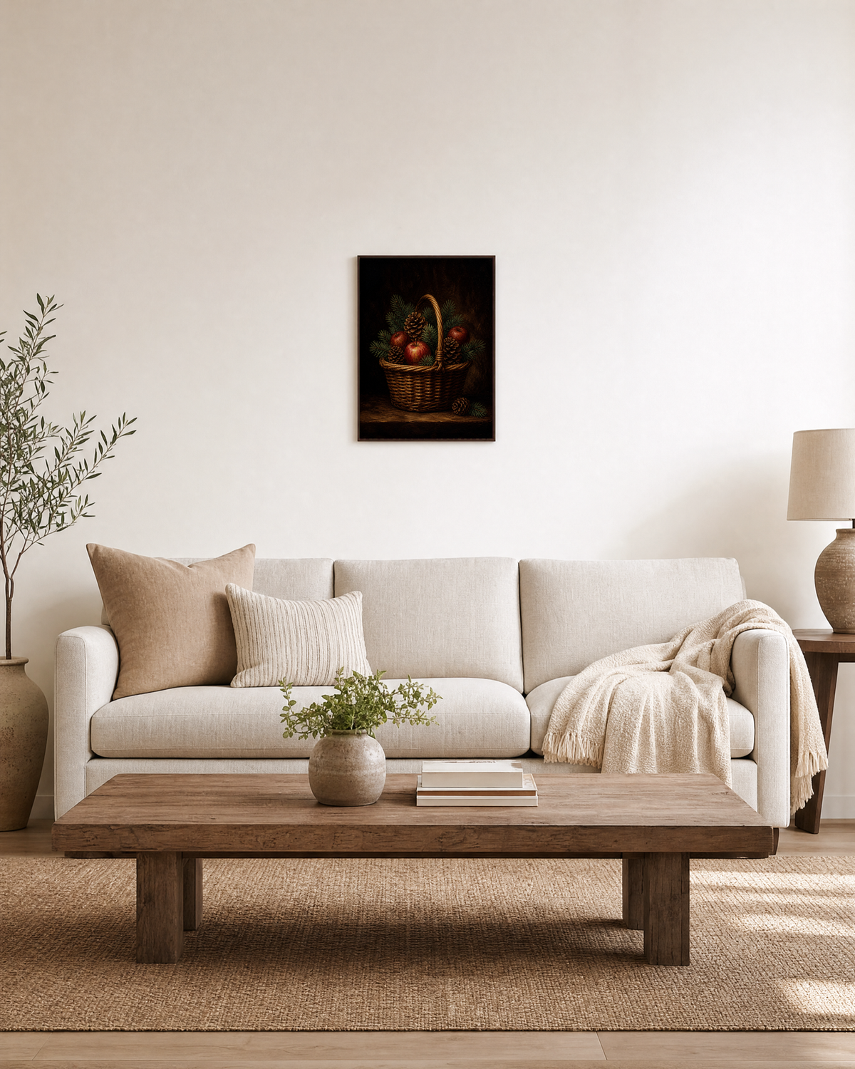 Winter Basket apple basket print: unframed print is shown framed for styling in a living room; frame not included
