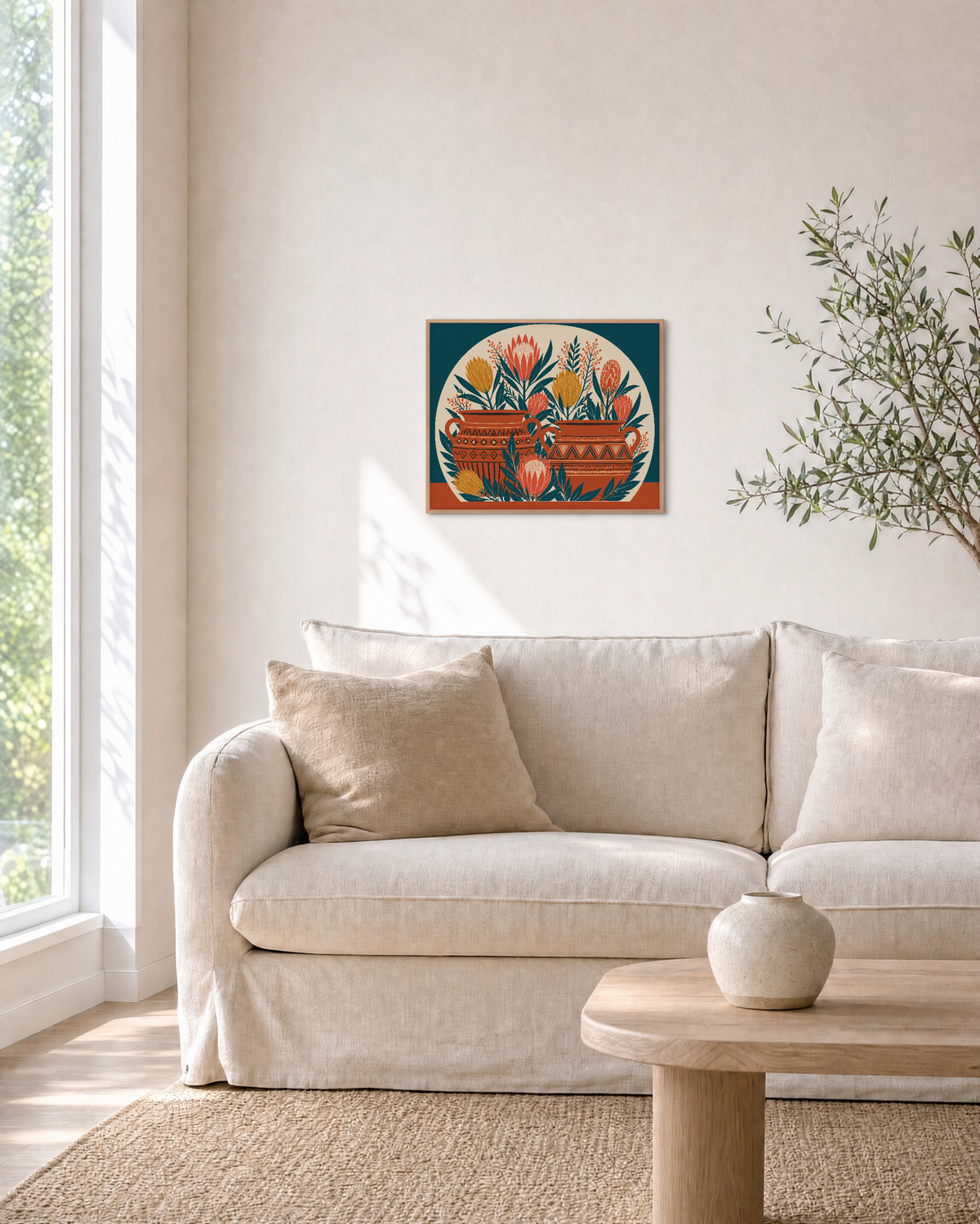 Coral Thicket Vessel Remap unframed print is shown framed for styling in a living room; frame not included
