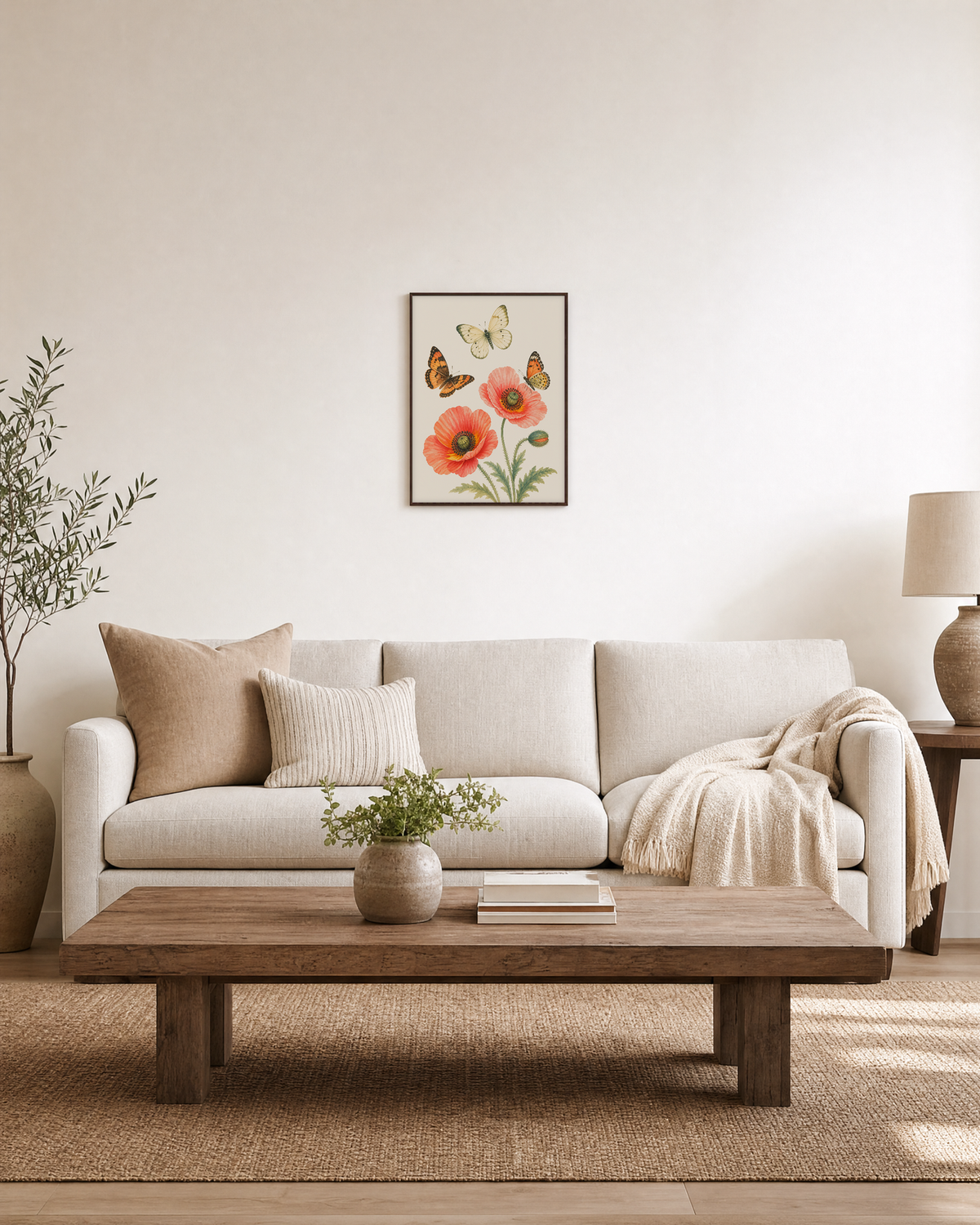 Poppy Visitors poppy butterfly print: unframed print is shown framed for styling in a living room; frame not included