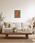 Orchid Fan coral orchid wall art: unframed print is shown framed for styling in a living room; frame not included