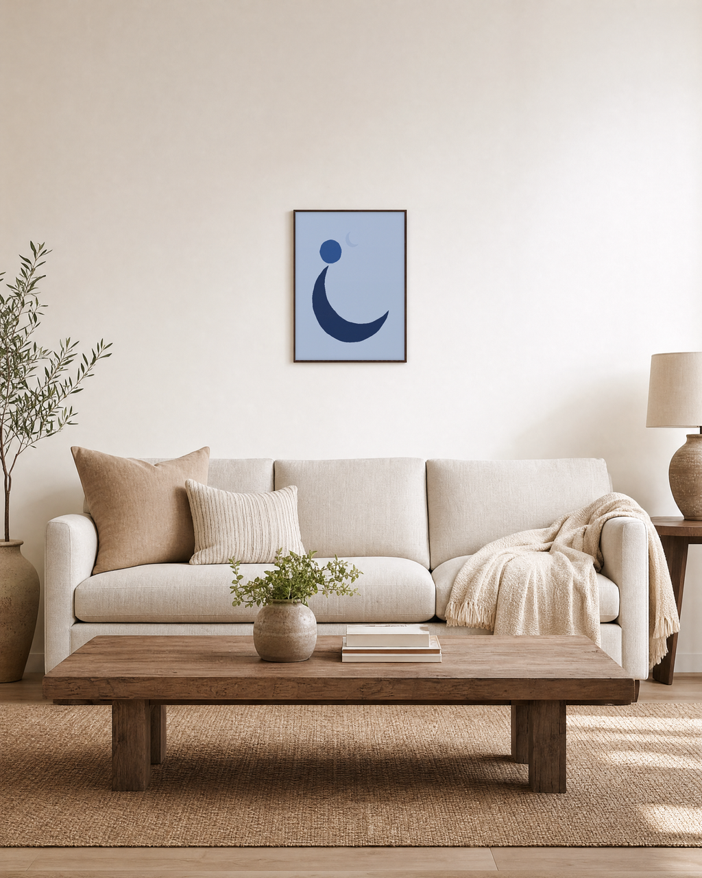 Navy Crescent with Blue Circle blue moon wall art: unframed print is shown framed for styling in a living room; frame not included
