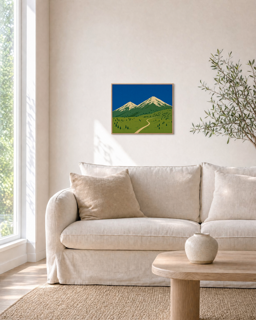 High Meadow mountain landscape wall art: unframed print is shown framed for styling in a living room; frame not included