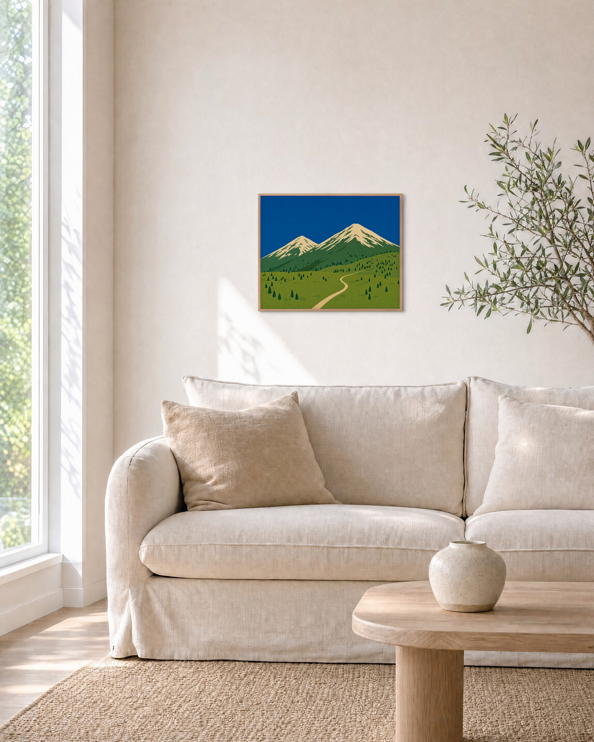 High Meadow mountain landscape wall art: unframed print is shown framed for styling in a living room; frame not included