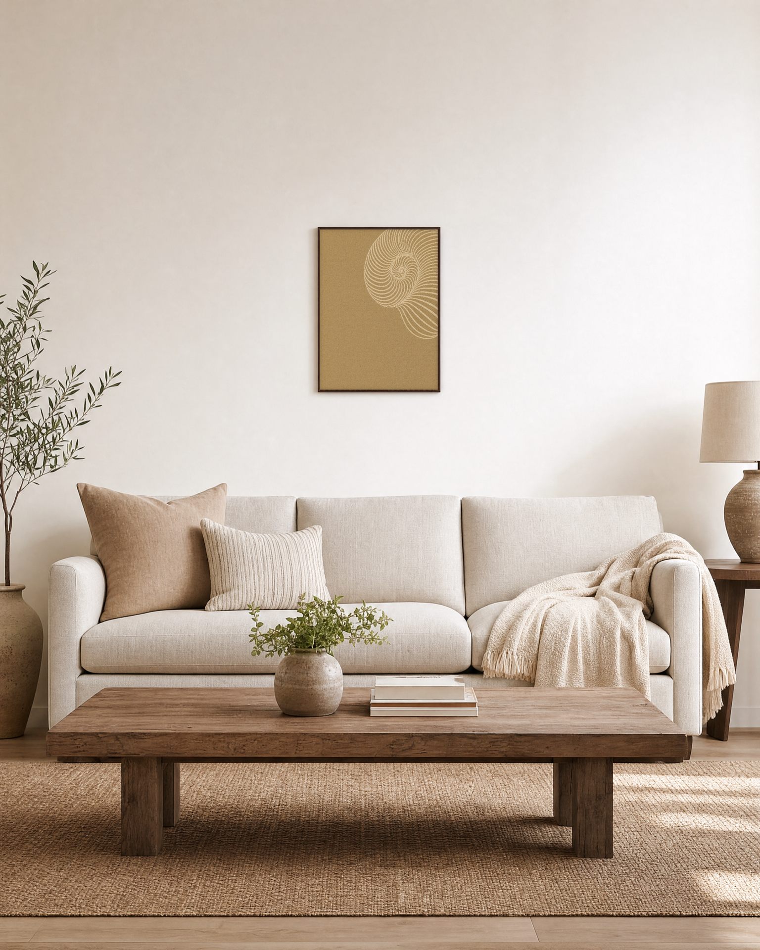 Cream Shell Spiral unframed print is shown framed for styling in a living room; frame not included