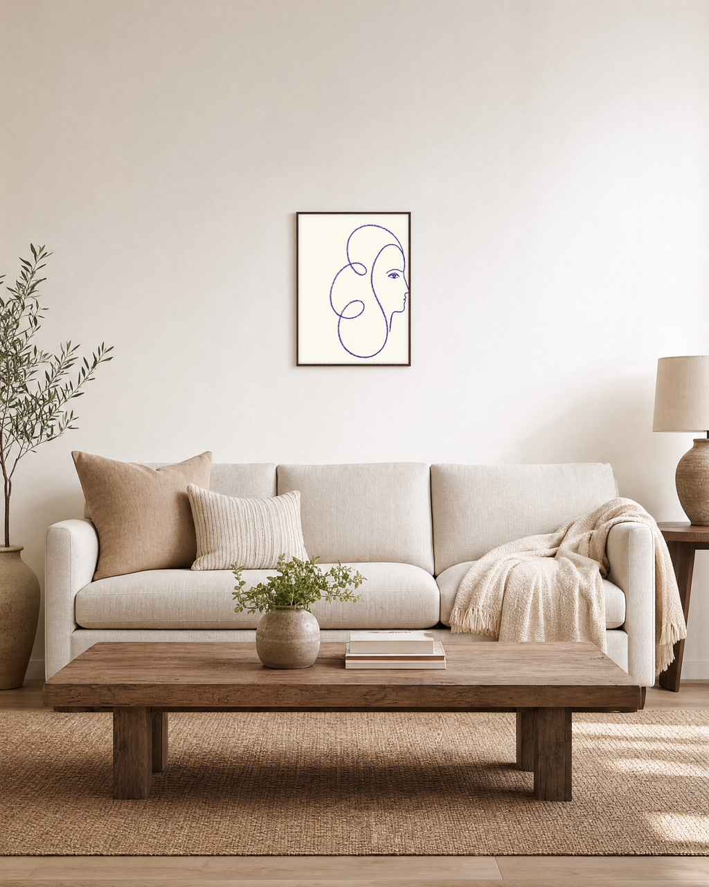 Indigo Profile Line unframed print is shown framed for styling in a living room; frame not included
