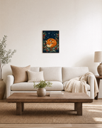 Fox Nap winter fox print: unframed print is shown framed for styling in a living room; frame not included