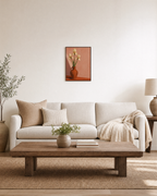 Rust Amphora Three Irises unframed print is shown framed for styling in a living room; frame not included