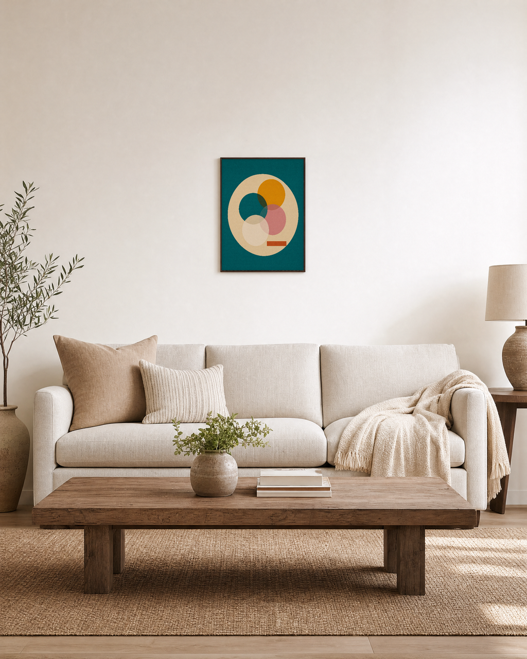 Circle Stack teal circle geometric wall art: unframed print is shown framed for styling in a living room; frame not included