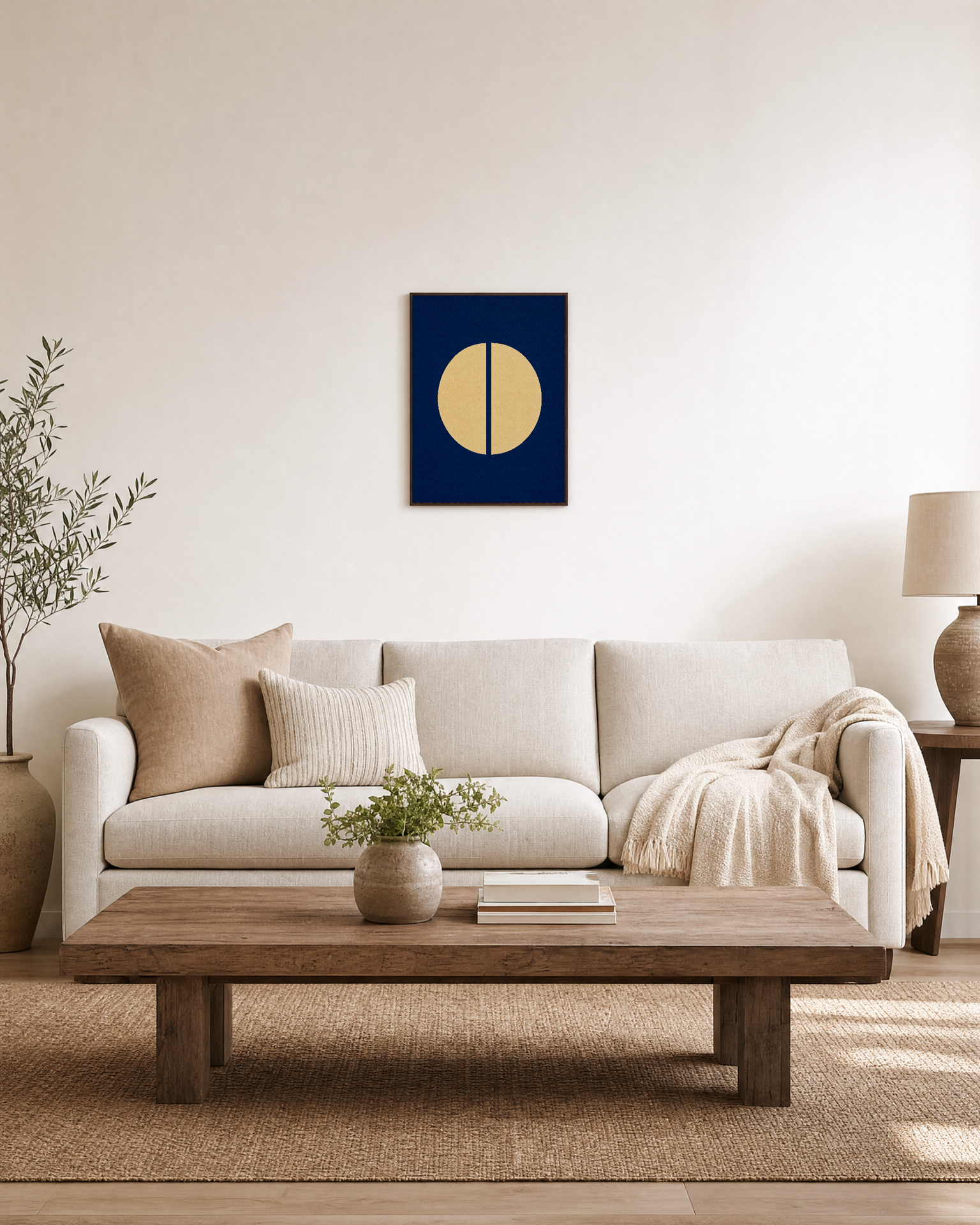 Noon Split Circle unframed print is shown framed for styling in a living room; frame not included