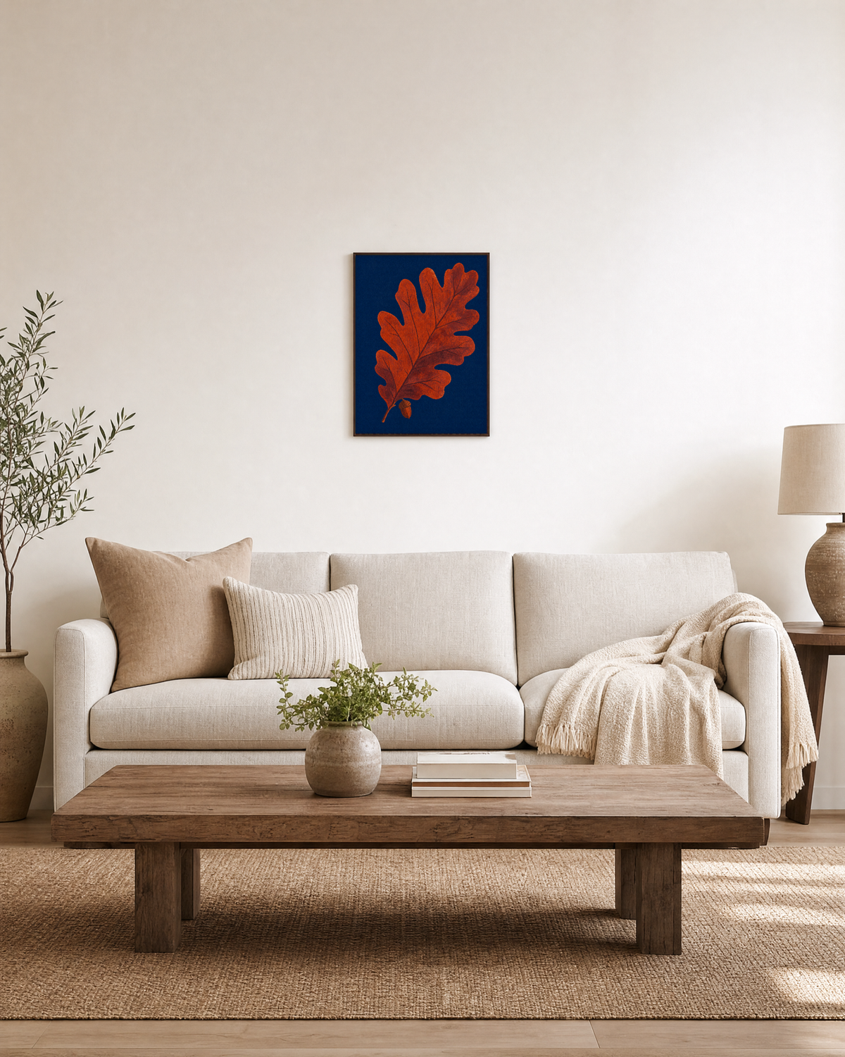 Acorn Watch oak leaf wall art: unframed print is shown framed for styling in a living room; frame not included