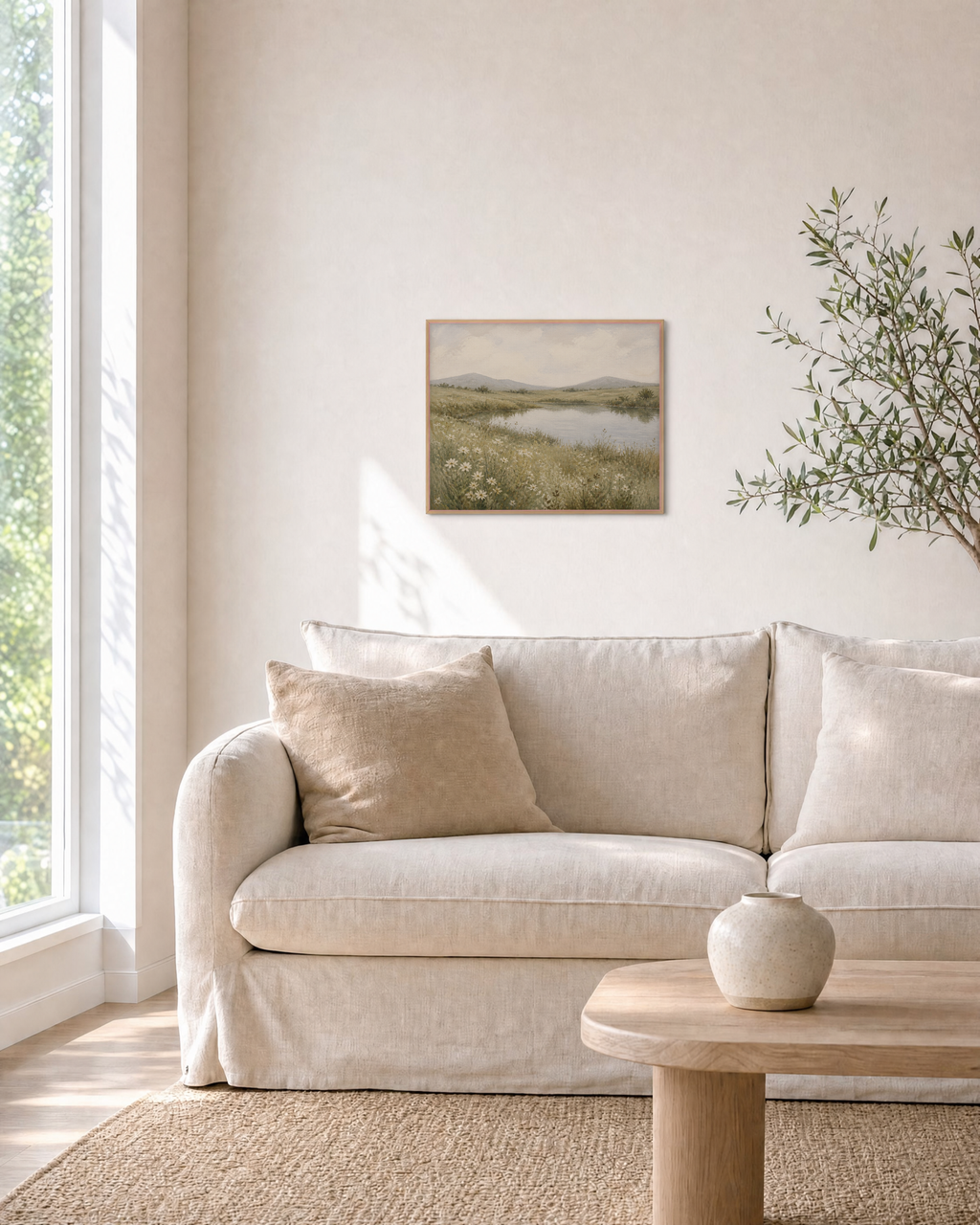 Quiet Pond wildflower pond print: unframed print is shown framed for styling in a living room; frame not included