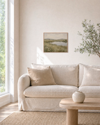Quiet Pond wildflower pond print: unframed print is shown framed for styling in a living room; frame not included