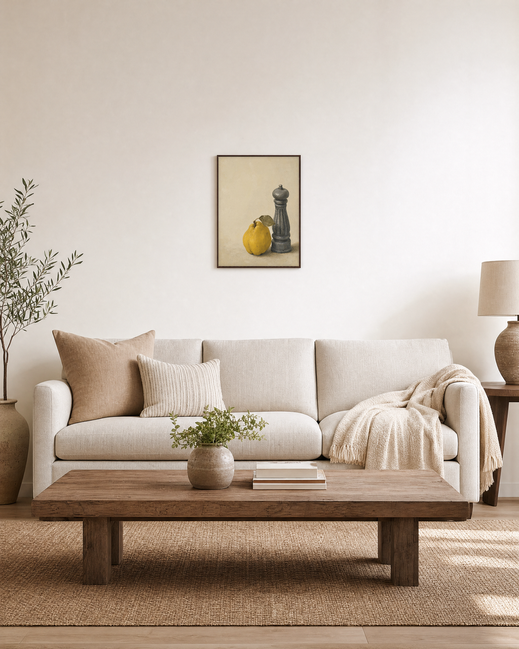 Pewter Mill Quince unframed print is shown framed for styling in a living room; frame not included
