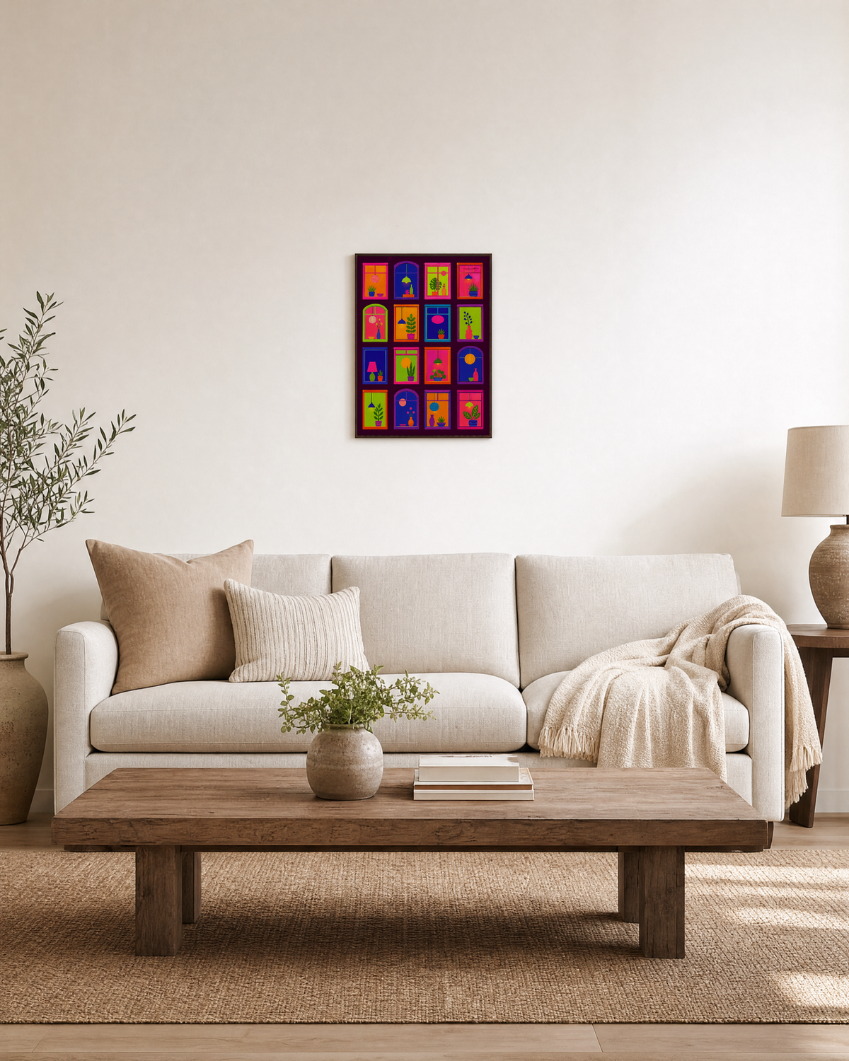 After Hours neon window grid print: unframed print is shown framed for styling in a living room; frame not included