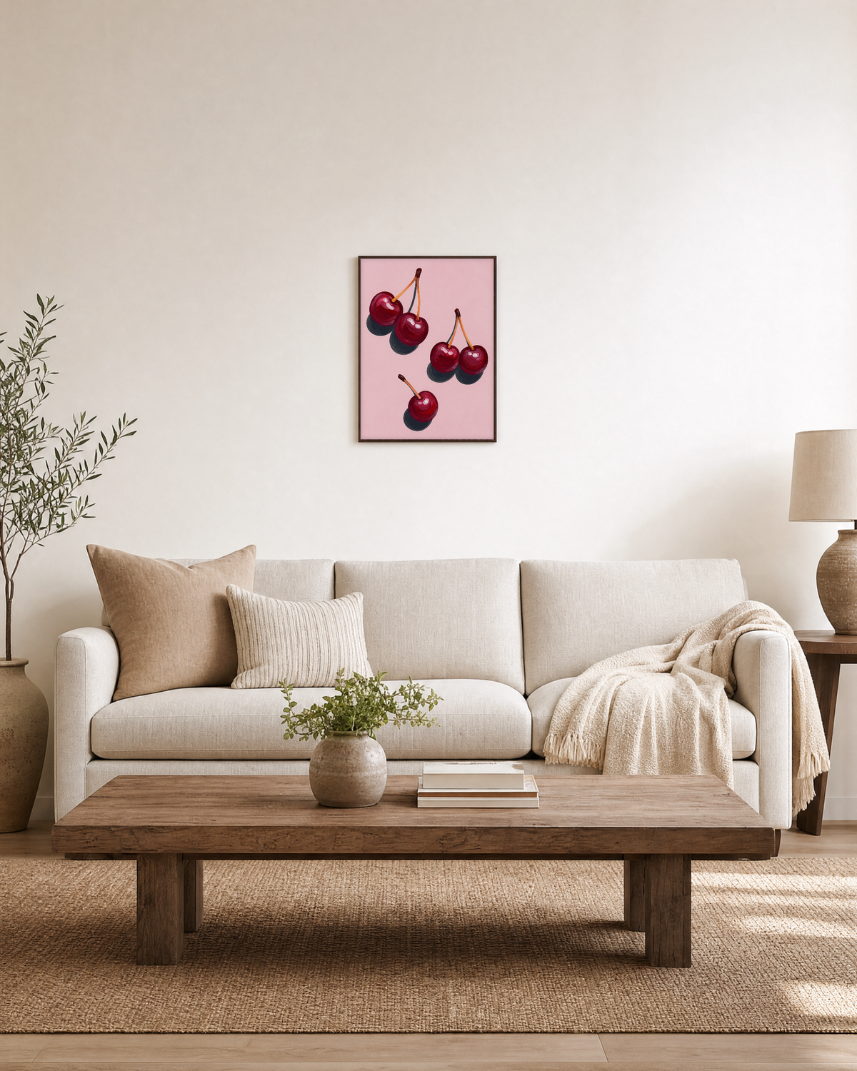 Cherry Scatter cherry art print: unframed print is shown framed for styling in a living room; frame not included