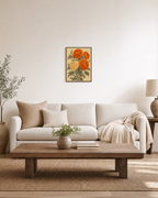 Chrysanthemum Hour chrysanthemum wall art: unframed print is shown framed for styling in a living room; frame not included