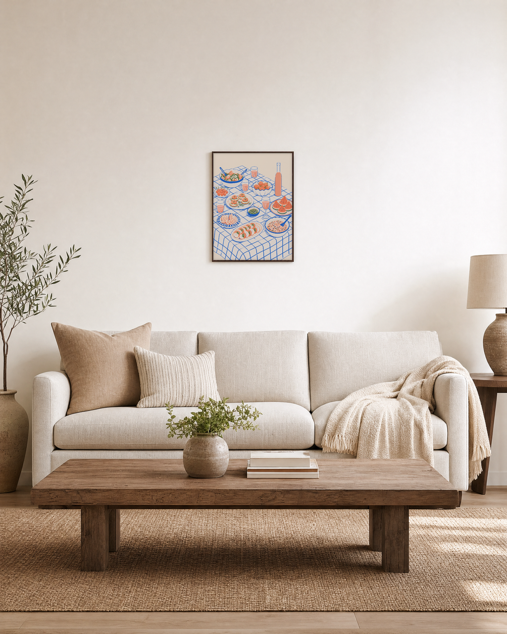 Picnic Hour food art prints: unframed print is shown framed for styling in a living room; frame not included