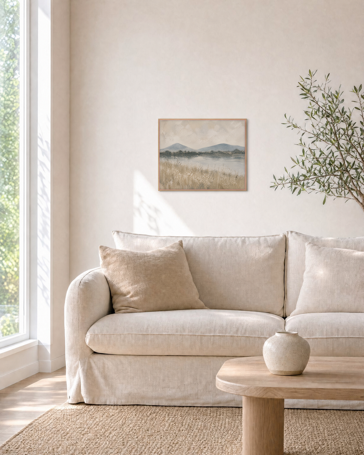 Still Morning landscape prints: unframed print is shown framed for styling in a living room; frame not included