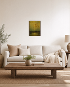 Pond Dusk amber pond trees print: unframed print is shown framed for styling in a living room; frame not included