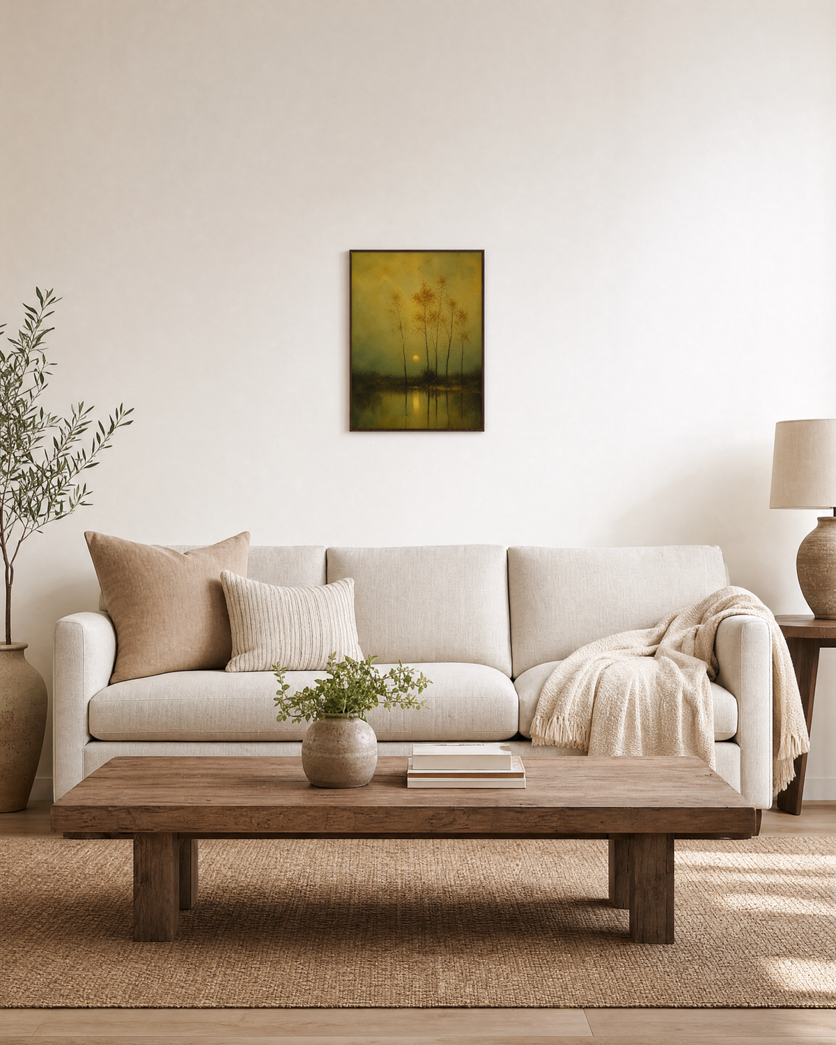 Pond Dusk amber pond trees print: unframed print is shown framed for styling in a living room; frame not included