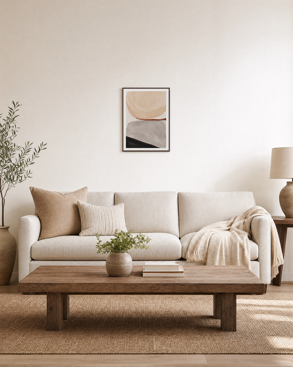 Rust Line and Charcoal Wedge beige and gray abstract wall art print: unframed print is shown framed for styling in a living room; frame not included