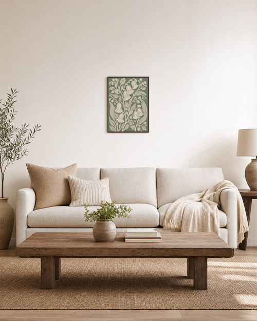Bell Garden cream bell sage panel wall art: unframed print is shown framed for styling in a living room; frame not included