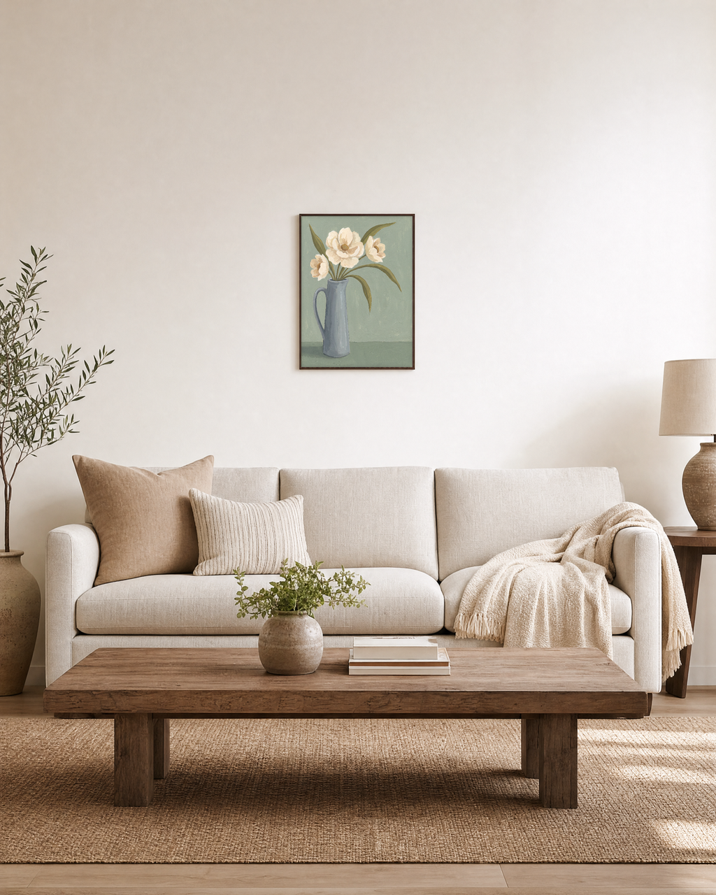 Ivory Pitcher Blooms Studio edition unframed print is shown framed for styling in a living room; Frame not included