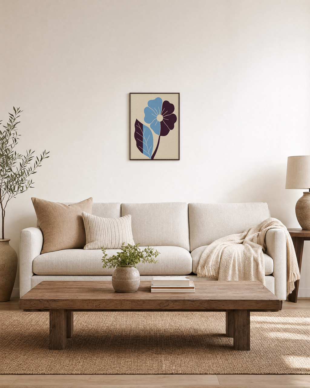 Noon Bloom flower art prints: unframed print is shown framed for styling in a living room; frame not included