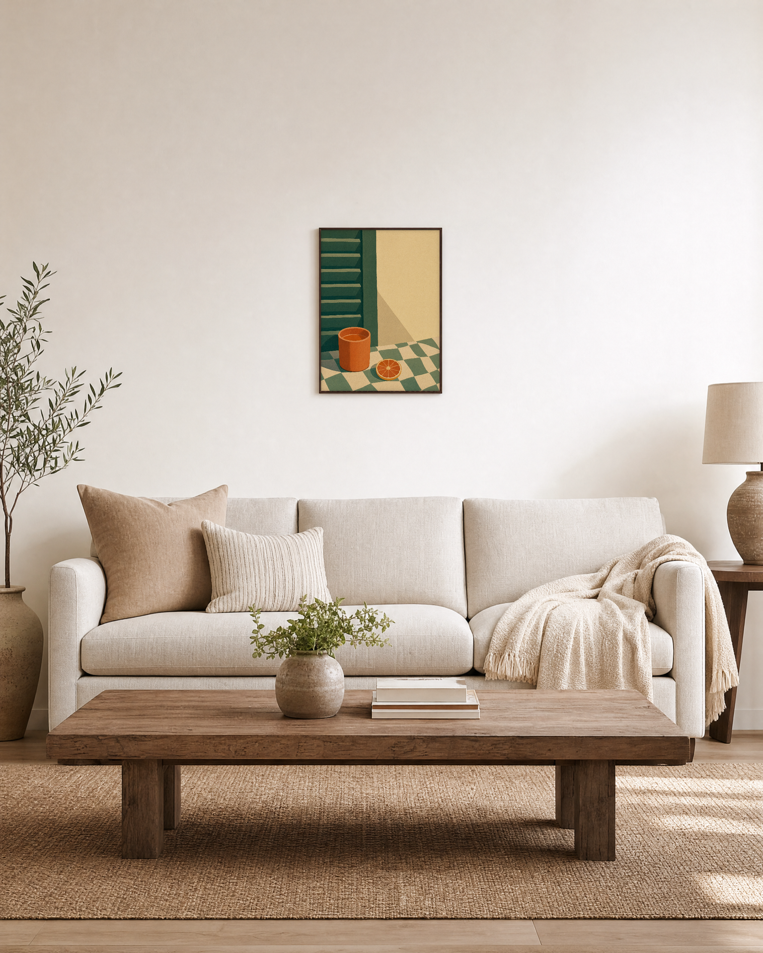 One Tumbler Check Cloth unframed print is shown framed for styling in a living room; frame not included