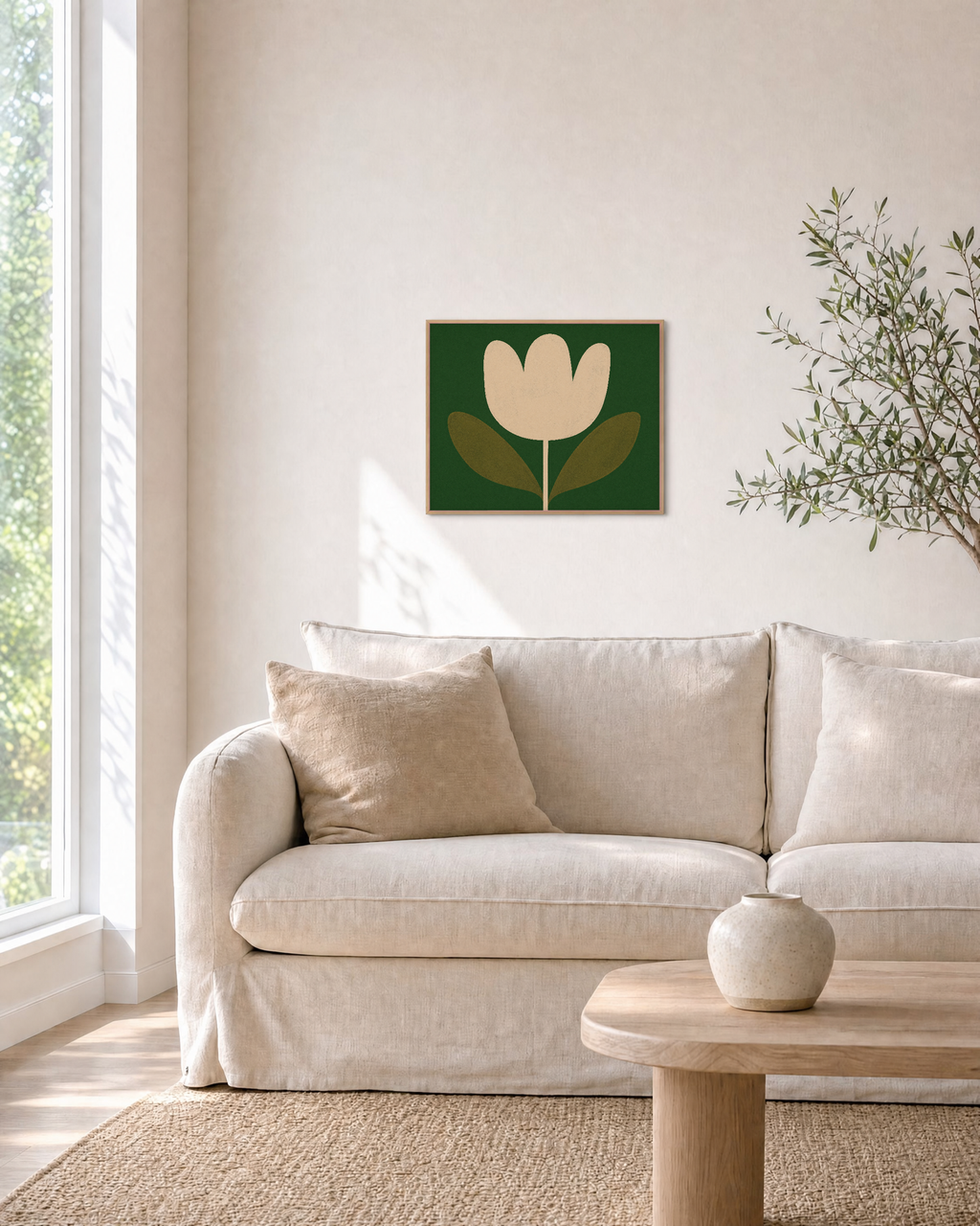 Tulip Hour cream tulip wall art: unframed print is shown framed for styling in a living room; frame not included