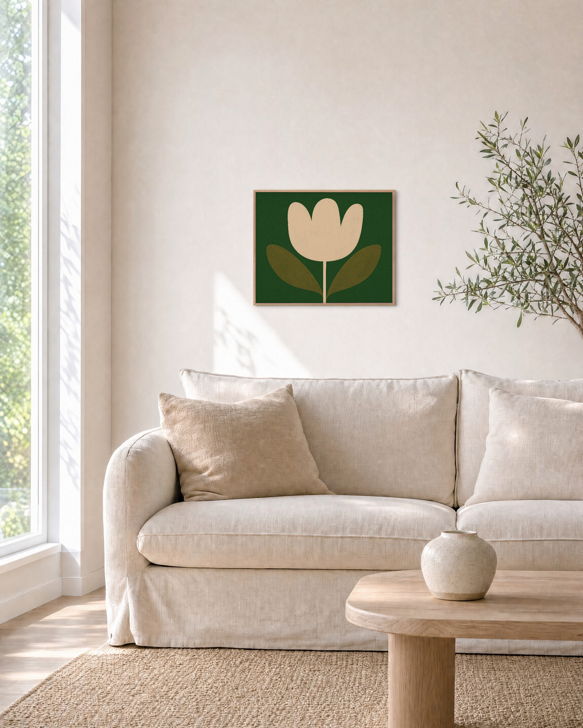Tulip Hour cream tulip wall art: unframed print is shown framed for styling in a living room; frame not included