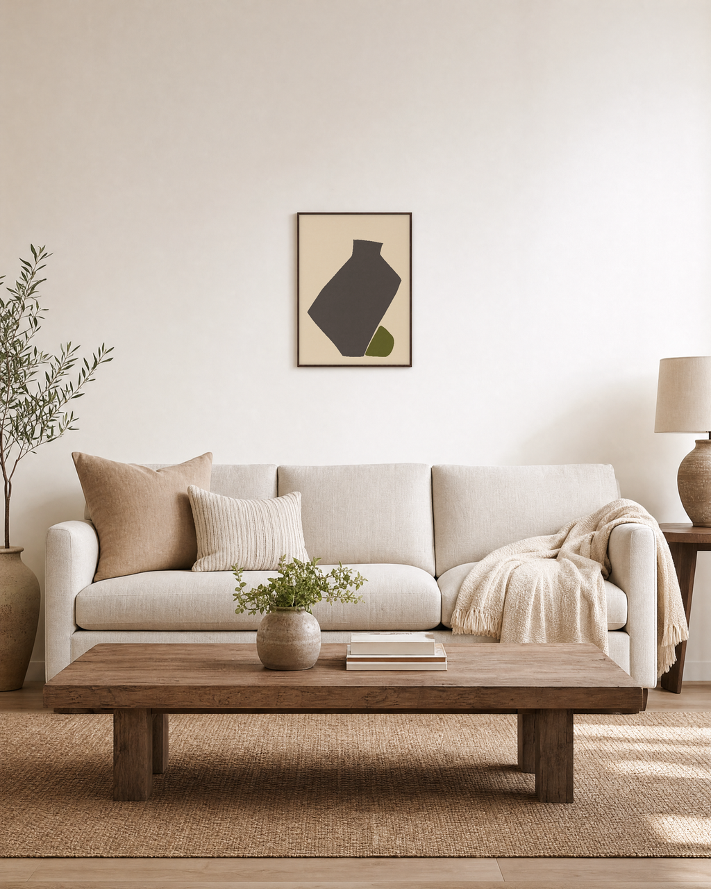 Olive Tilt olive green abstract vase wall art print: unframed print is shown framed for styling in a living room; frame not included