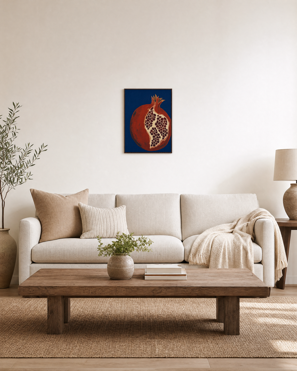 Night Pomegranate split pomegranate wall art: unframed print is shown framed for styling in a living room; frame not included