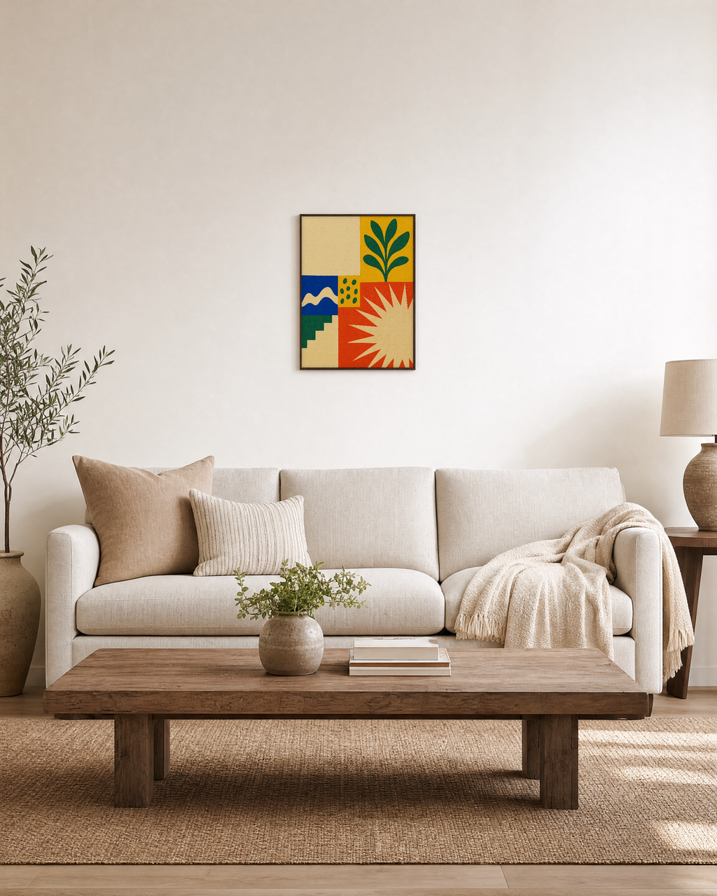 Sun Tile Garden unframed print is shown framed for styling in a living room; frame not included