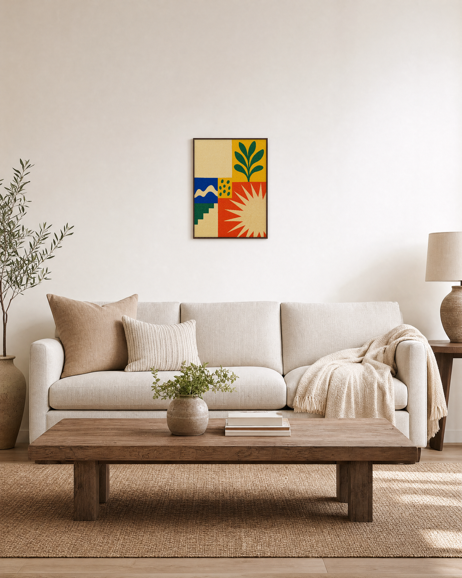 Sun Tile Garden unframed print is shown framed for styling in a living room; frame not included