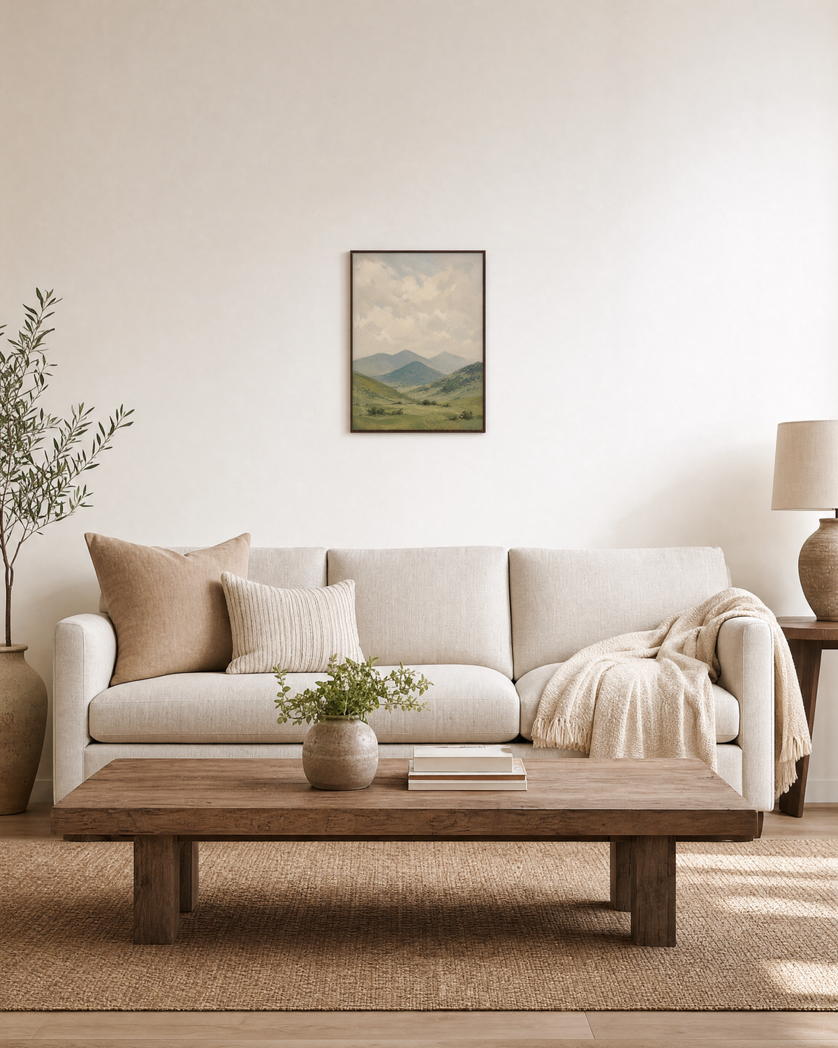 Clouded Valley soft valley print: unframed print is shown framed for styling in a living room; frame not included